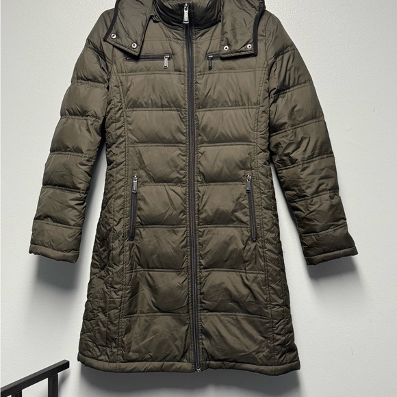 Women’s Michael Kors Dark Green Down Fill Full Zip Hooded Puffer Coat - Small - Picture 1 of 6